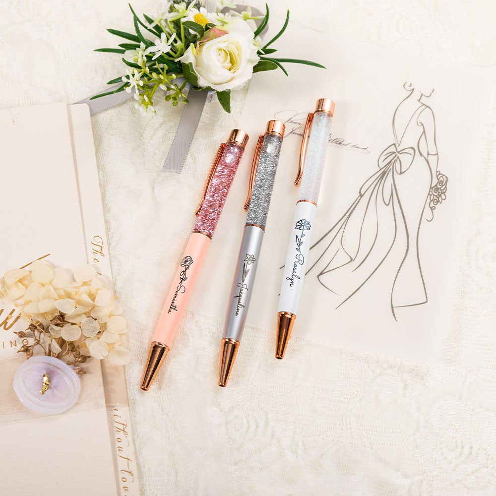 Custom Engraved Name Birth Flower Floating Glitter Pens, Bling Dynamic Liquid Sand Pens Set of 2, Graduation/Appreciation Gifts for Students/Teachers