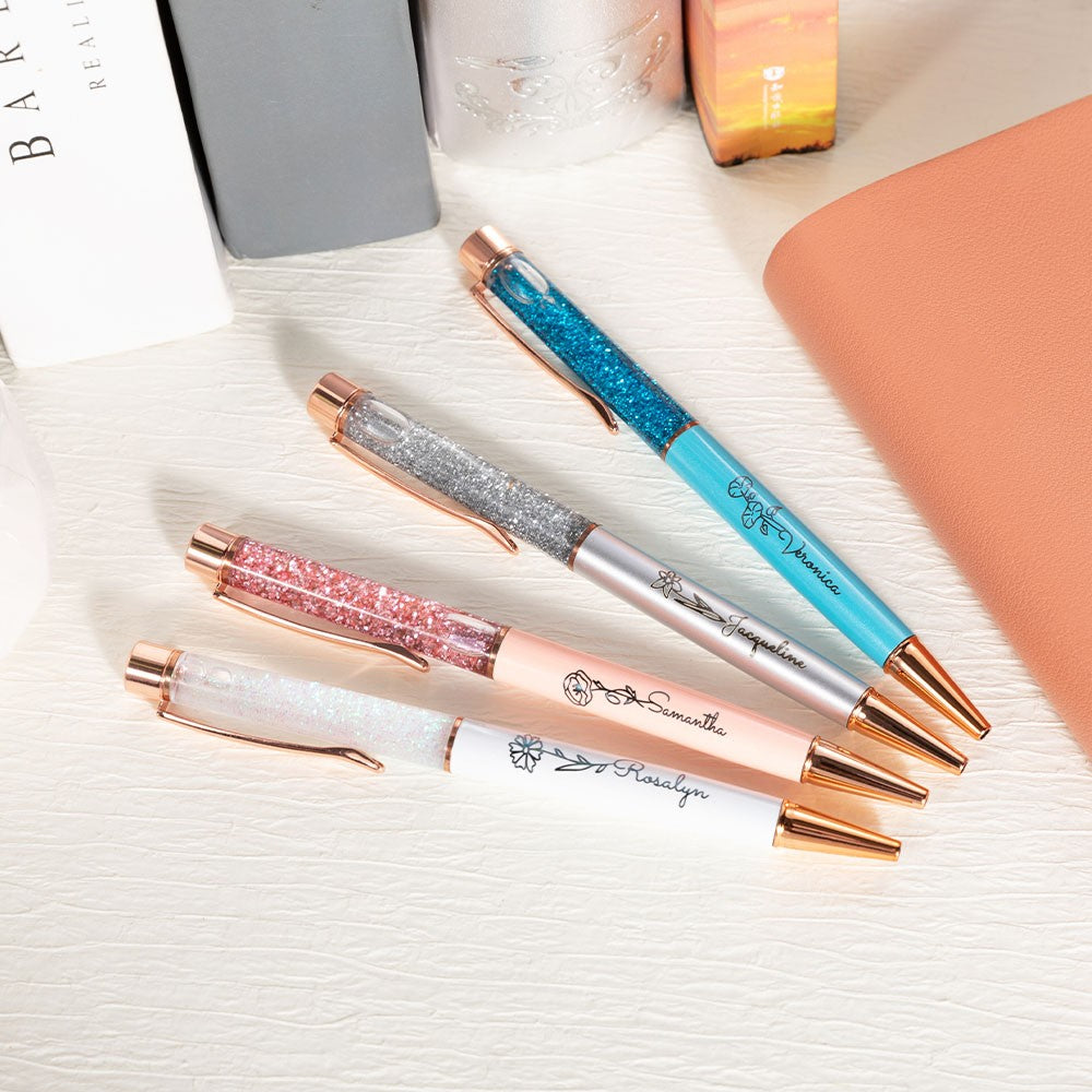 Custom Engraved Name Birth Flower Floating Glitter Pens, Bling Dynamic Liquid Sand Pens Set of 2, Graduation/Appreciation Gifts for Students/Teachers