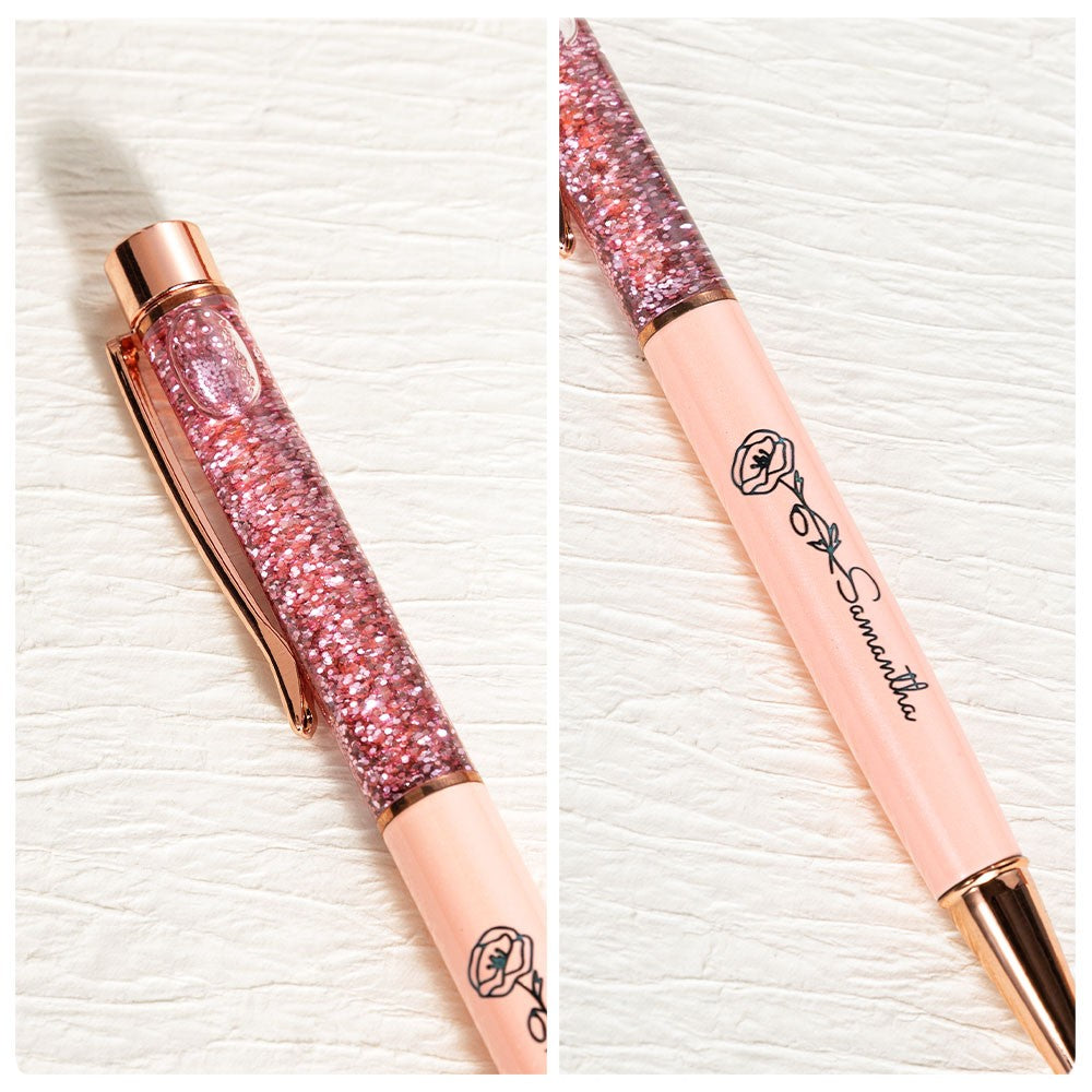 Custom Engraved Name Birth Flower Floating Glitter Pens, Bling Dynamic Liquid Sand Pens Set of 2, Graduation/Appreciation Gifts for Students/Teachers