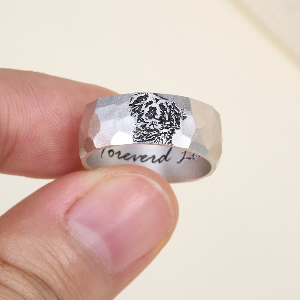 Custom Engraved Sketch Drawing Photo Pet Portrait Hammered Ring with Text, Memorial Jewelry, Pet Loss/Remembrance Gift for Women/Pet Lovers