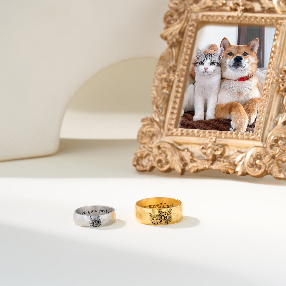 Custom Engraved Sketch Drawing Photo Pet Portrait Hammered Ring with Text, Memorial Jewelry, Pet Loss/Remembrance Gift for Women/Pet Lovers