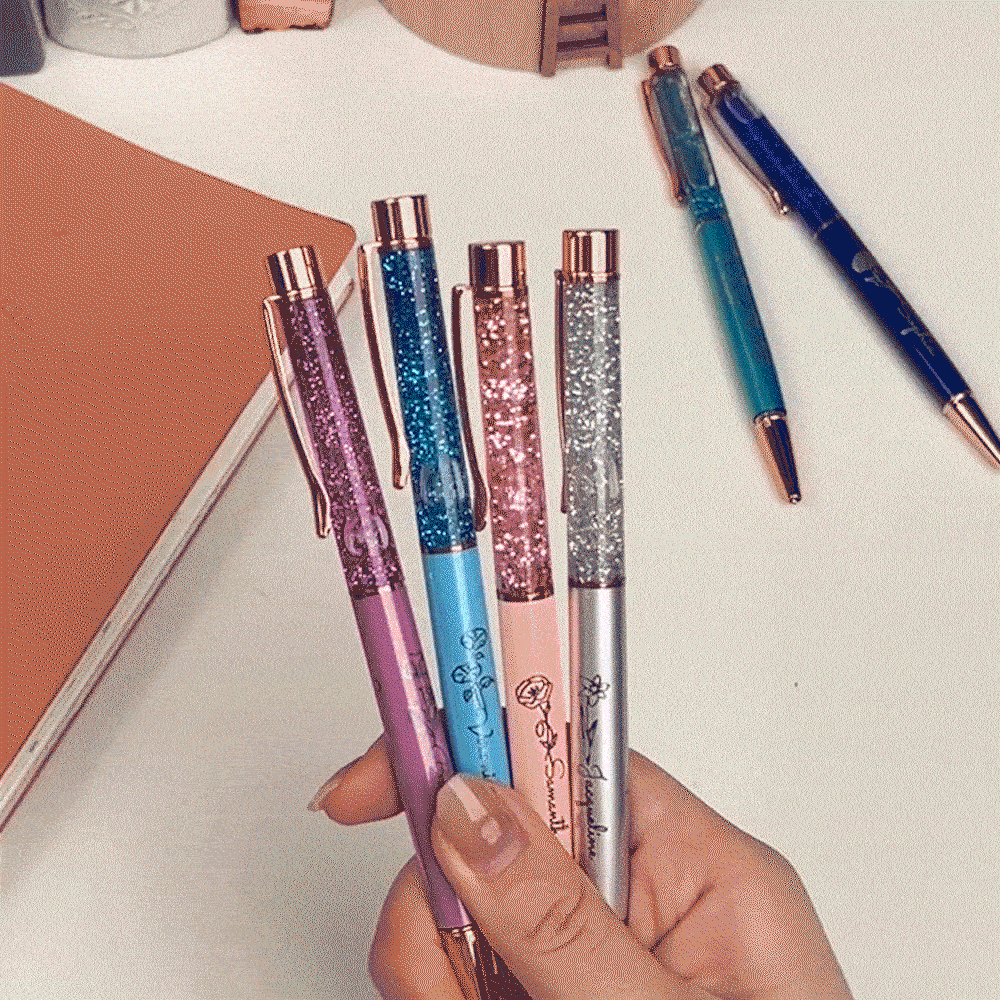 Custom Engraved Name Birth Flower Floating Glitter Pens, Bling Dynamic Liquid Sand Pens Set of 2, Graduation/Appreciation Gifts for Students/Teachers