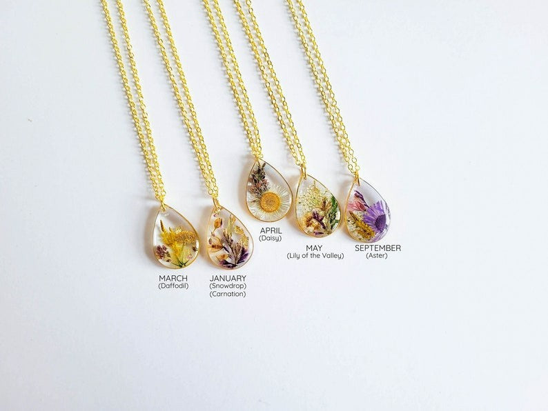 Birth Month Flower Teardrop Necklace| Personalized Gift Pressed Flower Necklace| Unique Birthday Gift Handmade Jewelry