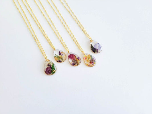 Birth Month Flower Teardrop Necklace| Personalized Gift Pressed Flower Necklace| Unique Birthday Gift Handmade Jewelry