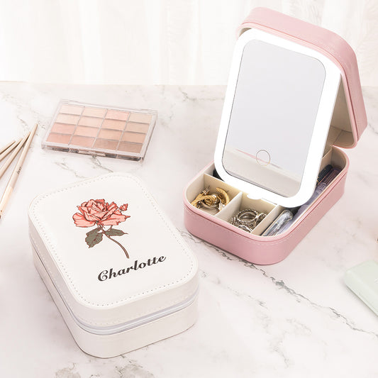 Custom Birth Flower Waterproof Leather Makeup Box with Three-Color LED Mirror, Travel Jewelry Box, Birthday/Christmas Gift for Women/Girls