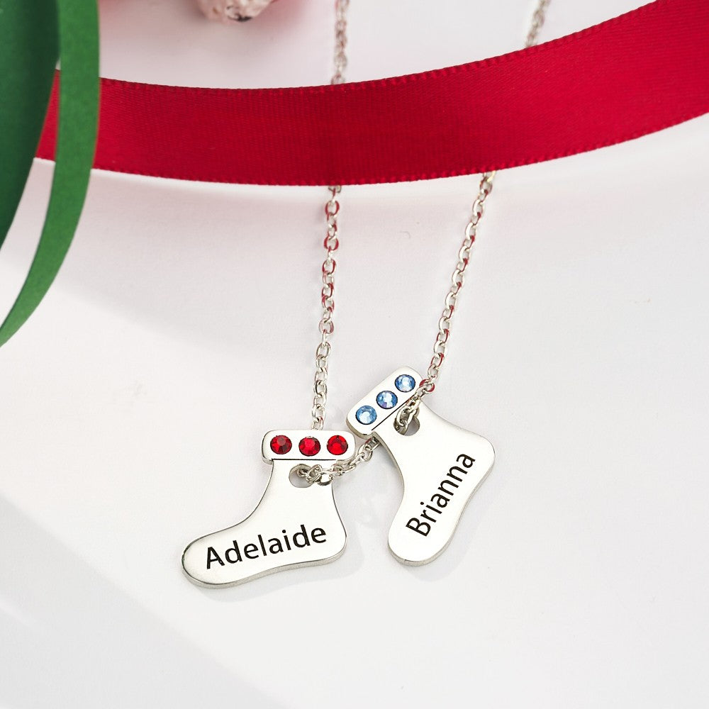 Personalized Christmas Necklace with Birthstone & Name, Cute Christmas Stocking Necklace, Sterling Silver 925 Jewelry, Birthday/Christmas Gift for Her