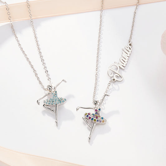 Ballerina Name Necklace for Girl, Silver Dancer Necklace with Rainbow Gemstone, Ballet Dancer Pendant Name Necklace, Girls Ballet Class Gift