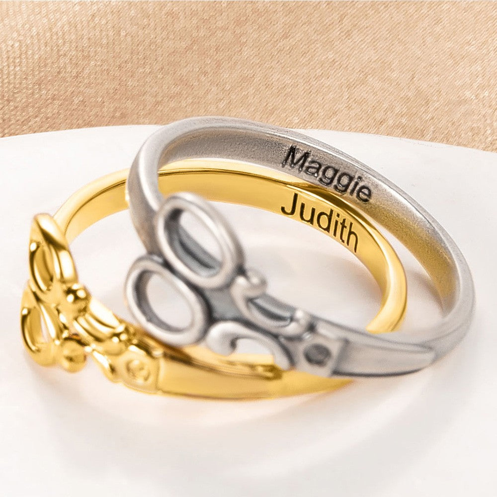 Personalized Small Scissor Ring with Name, Sterling Silver/Rose Gold Jewelry, Hairdresser/Hairstylist Must Have, Gift for Tailor/Woman