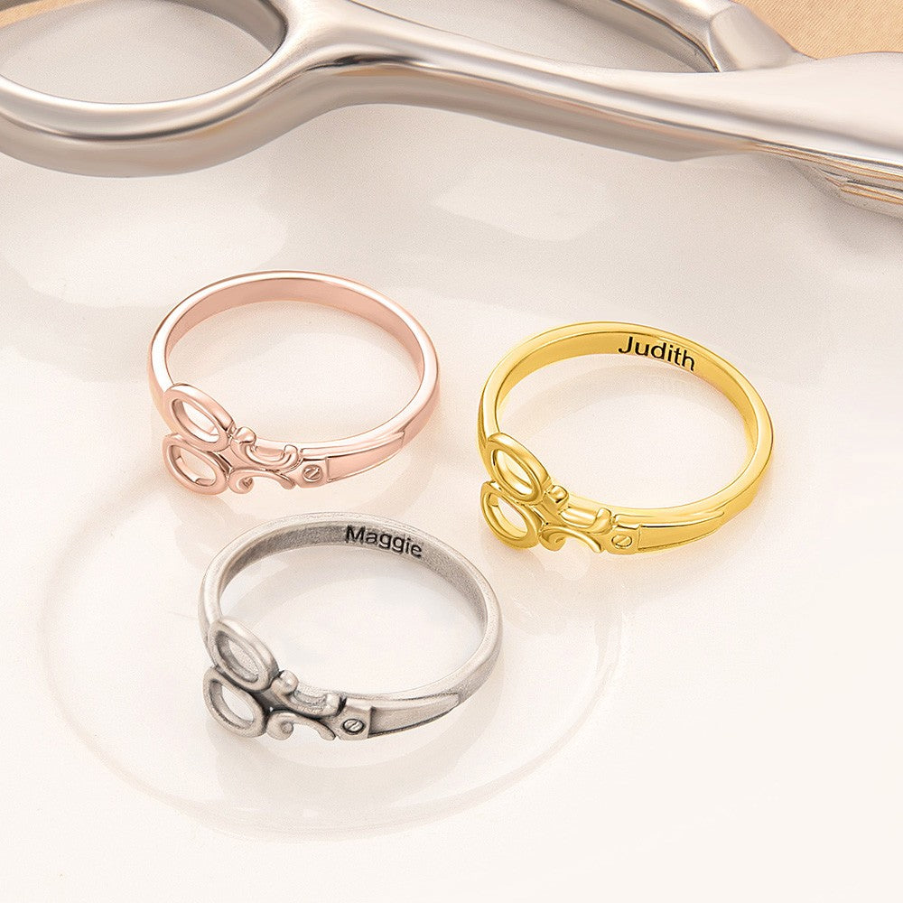 Personalized Small Scissor Ring with Name, Sterling Silver/Rose Gold Jewelry, Hairdresser/Hairstylist Must Have, Gift for Tailor/Woman