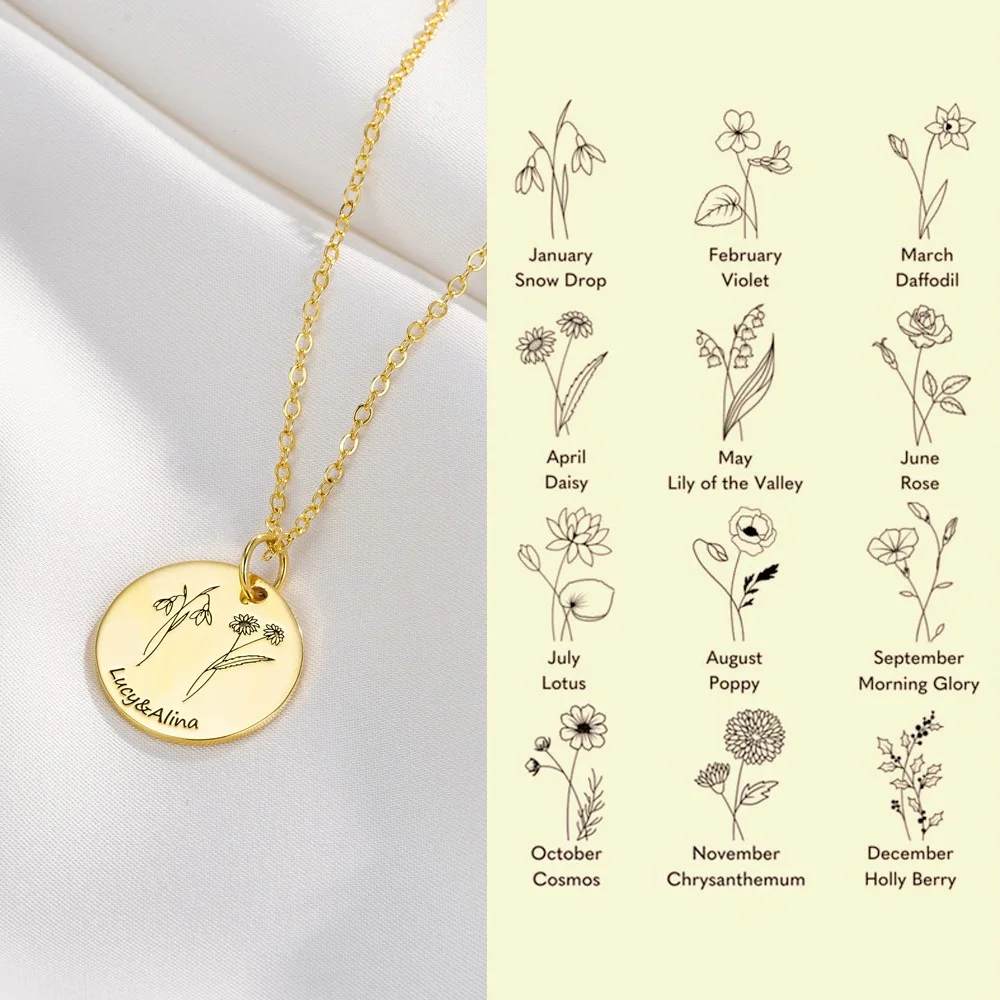 Personalized Birth Flower Necklace with Engraved 1-3 Name, Minimalist Jewelry, Christmas/Birthday/Mother's Day Gift for Sisters/Best Friends/Mom/Her