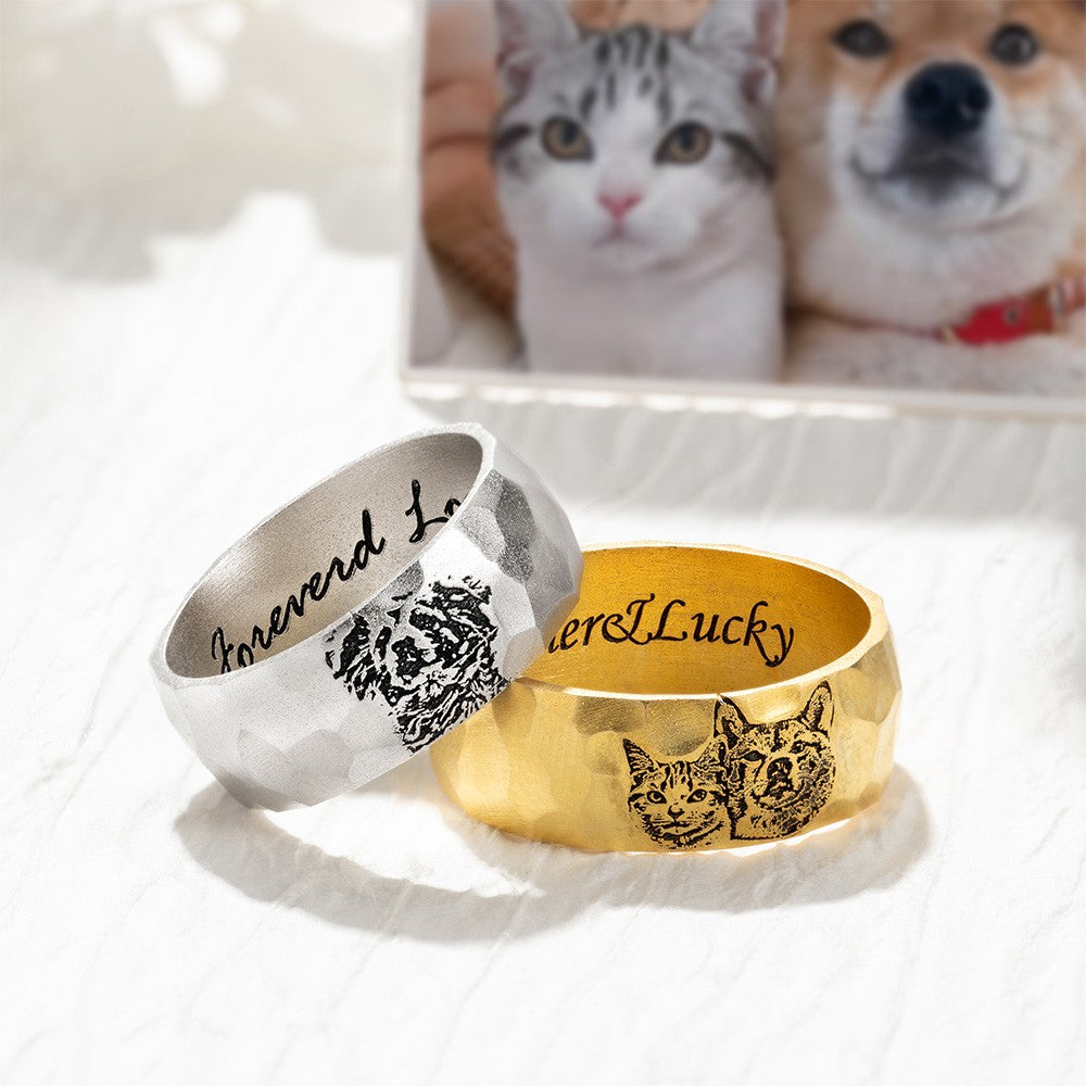 Custom Engraved Sketch Drawing Photo Pet Portrait Hammered Ring with Text, Memorial Jewelry, Pet Loss/Remembrance Gift for Women/Pet Lovers