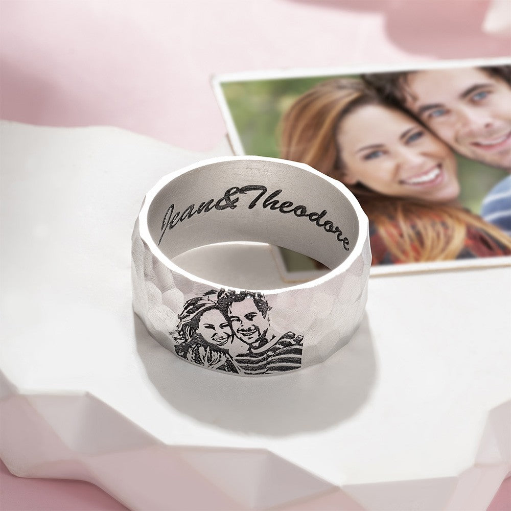 Custom Engraved Sketch Drawing Photo Pet Portrait Hammered Ring with Text, Memorial Jewelry, Pet Loss/Remembrance Gift for Women/Pet Lovers
