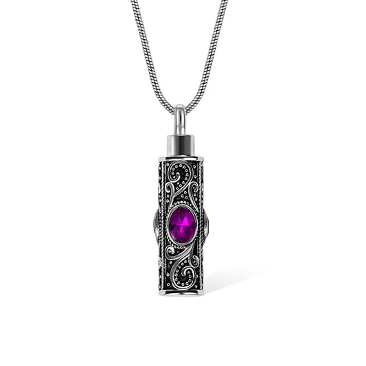 Personalized Gemstone Vintage Cylinder Urn Necklace for Ashes, Cremation Jewelry, Memorial Keepsake, Sympathy Gift for Pet Loss/Family/Friend/Lover