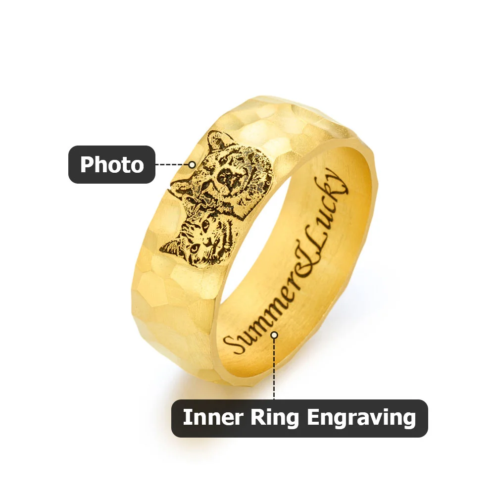 Custom Engraved Sketch Drawing Photo Pet Portrait Hammered Ring with Text, Memorial Jewelry, Pet Loss/Remembrance Gift for Women/Pet Lovers