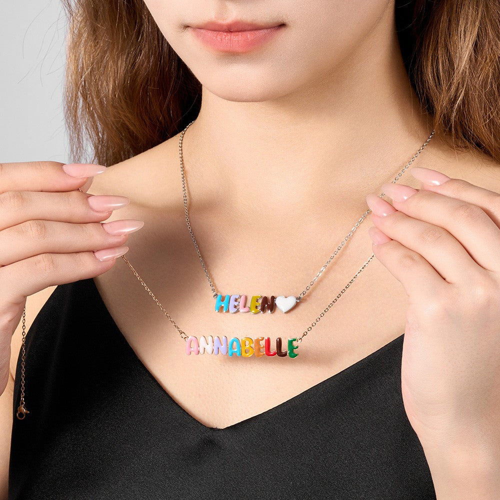 Custom Necklace with Enamel Bubble Name & Heart, 3D Colorful Bubble Letter Heart Pendant Jewelry, Birthday/Christmas/Anniversary Gift for Women/Girls
