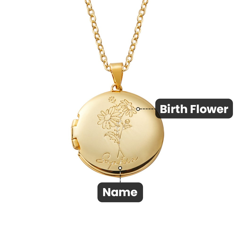Personalized Birth Flower Locket Necklace with Memorial Photo, Custom Name Engraved Sterling Silver Necklace for Women, Gift for Mom/Grandma/Family