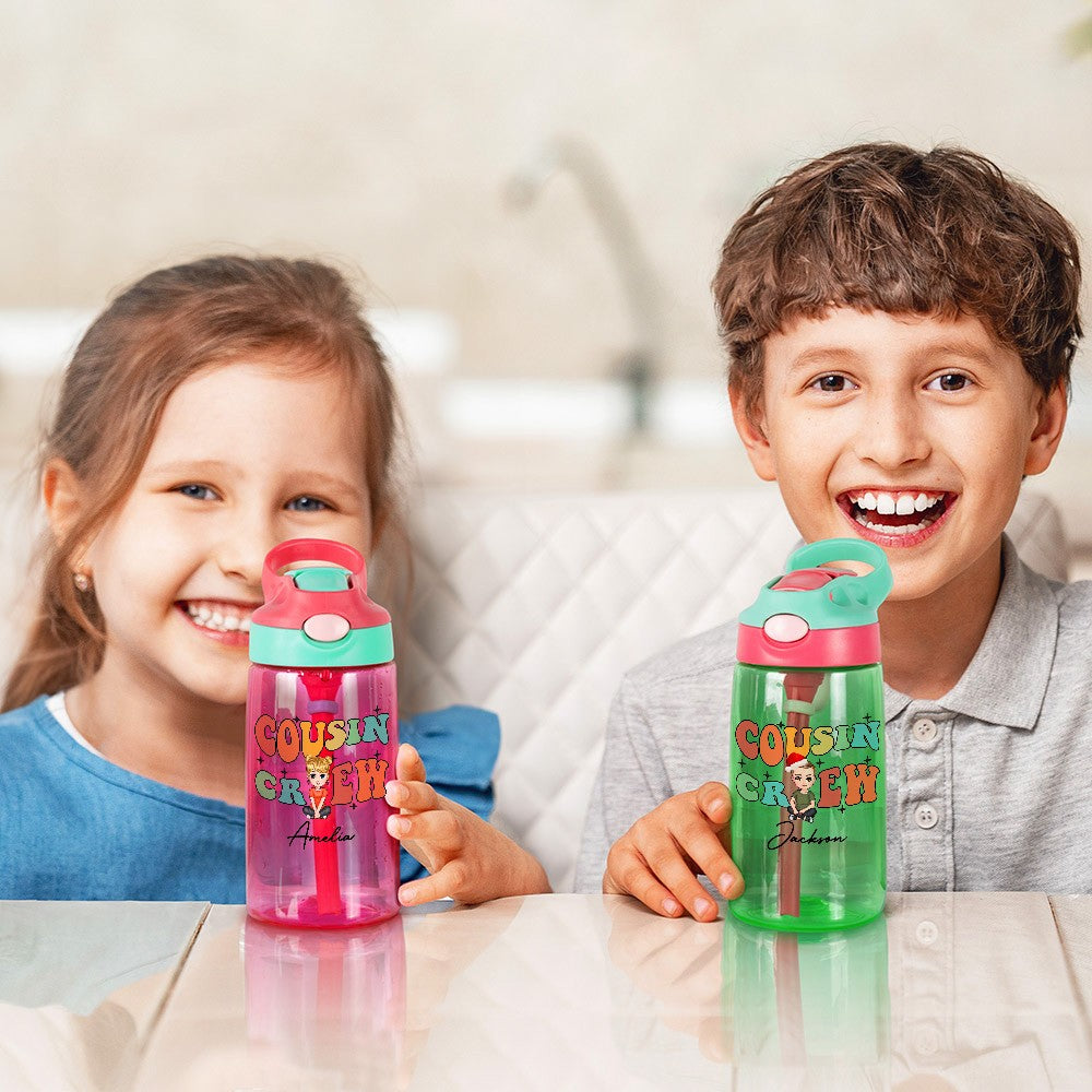 Personalized Name Cousin Crew Christmas Cartoon Character Water Bottle, 16oz Kids Cup with Straw & Handle, Christmas/Birthday Gift for Kid/Boys/Girls