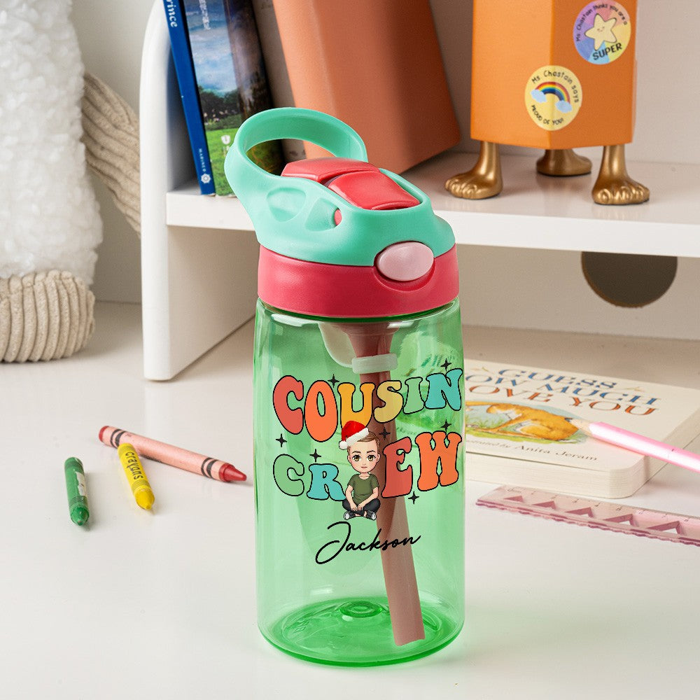 Personalized Name Cousin Crew Christmas Cartoon Character Water Bottle, 16oz Kids Cup with Straw & Handle, Christmas/Birthday Gift for Kid/Boys/Girls