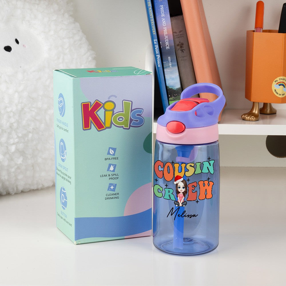 Personalized Name Cousin Crew Christmas Cartoon Character Water Bottle, 16oz Kids Cup with Straw & Handle, Christmas/Birthday Gift for Kid/Boys/Girls