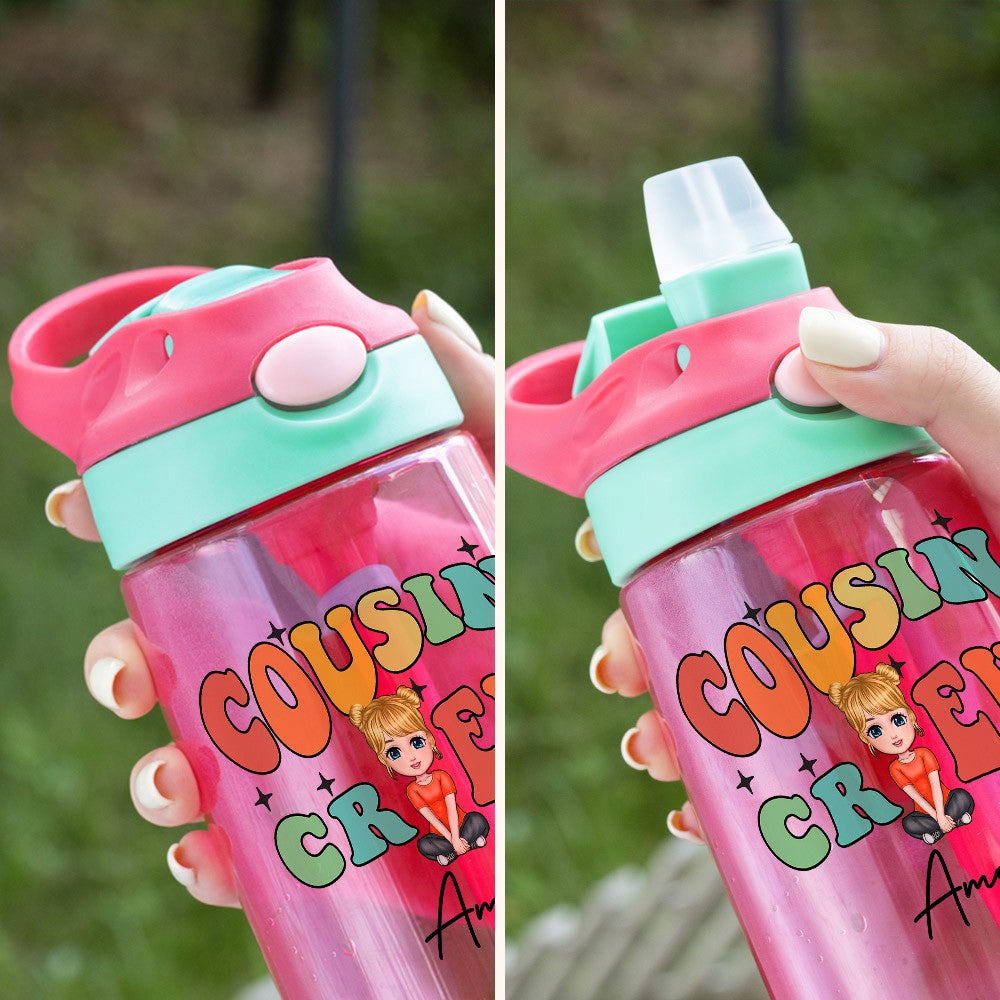 Personalized Name Cousin Crew Christmas Cartoon Character Water Bottle, 16oz Kids Cup with Straw & Handle, Christmas/Birthday Gift for Kid/Boys/Girls