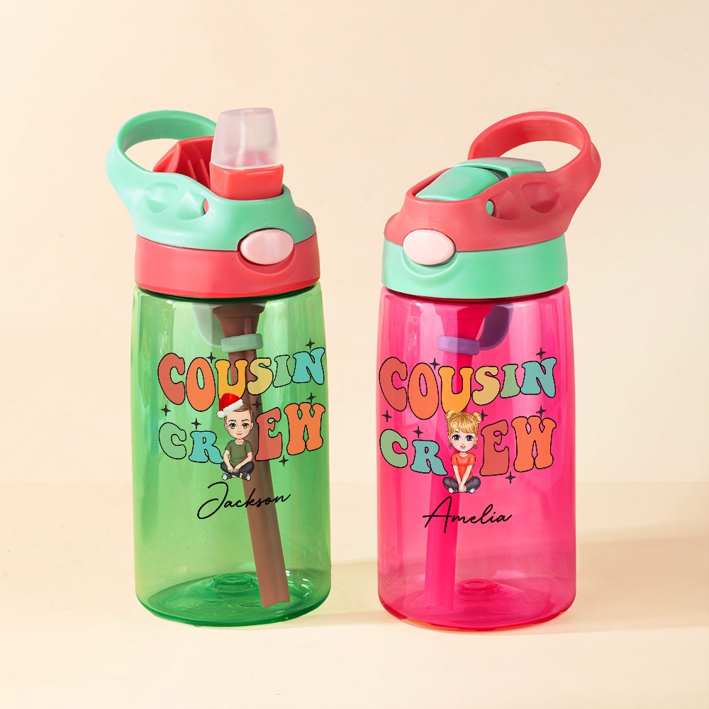 Personalized Name Cousin Crew Christmas Cartoon Character Water Bottle, 16oz Kids Cup with Straw & Handle, Christmas/Birthday Gift for Kid/Boys/Girls