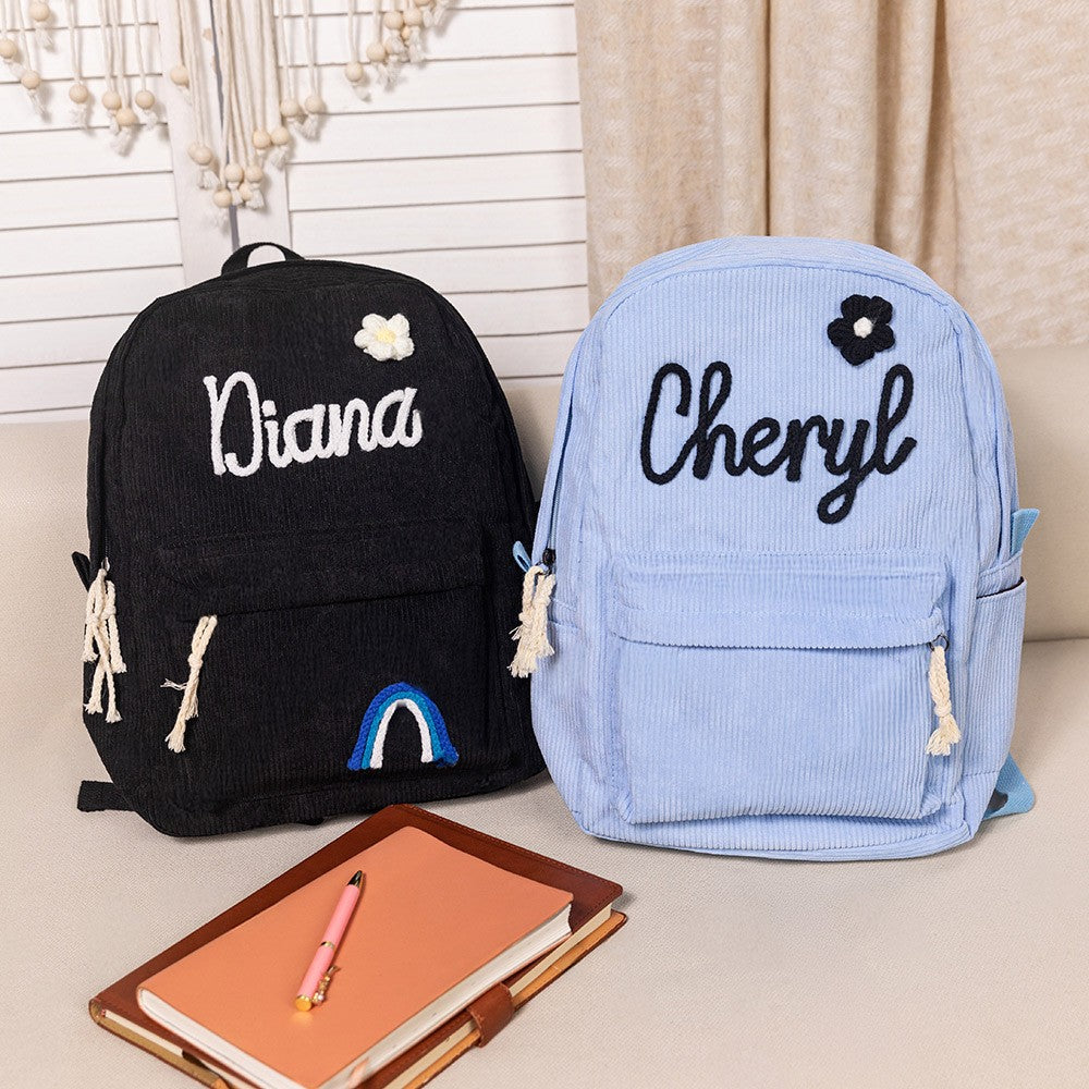 Personalized Braided Flower Rainbow Name Corduroy Backpack, Custom Toddler School Bag, Birthday/Children's Day/Back to School Gift for Kids