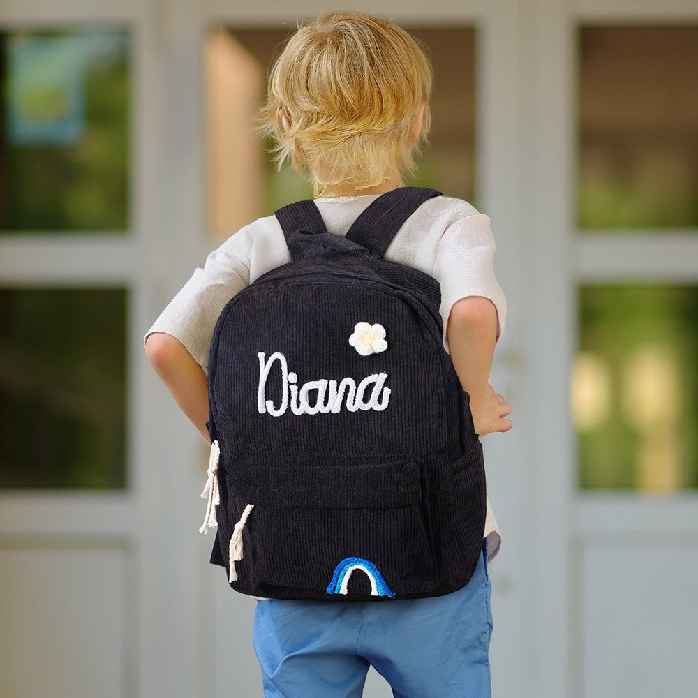 Personalized Braided Flower Rainbow Name Corduroy Backpack, Custom Toddler School Bag, Birthday/Children's Day/Back to School Gift for Kids
