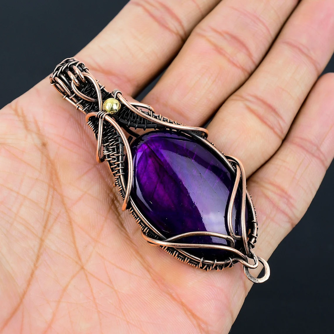 Red Purple Blue Fire Labradorite Necklace Brass Wire Wrapped Pendant Handmade Brass Jewelry Natural Gemstone Pendant Wire Wrapped Jewelry Gift for Her