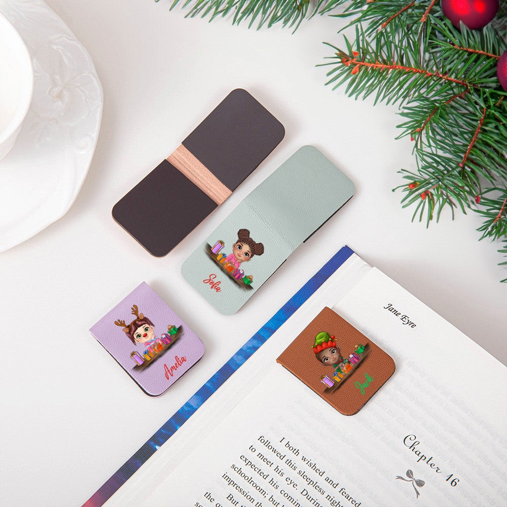 Personalized Christmas Cartoon Kid Bookmark with Reindeer Headdress, Mini Magnetic Leather Bookmark, Christmas Gift for Bookworm/Boy/Girl