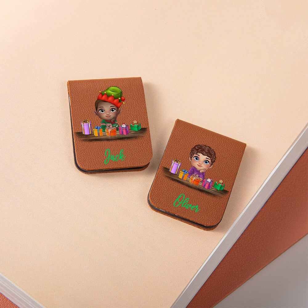 Personalized Christmas Cartoon Kid Bookmark with Reindeer Headdress, Mini Magnetic Leather Bookmark, Christmas Gift for Bookworm/Boy/Girl