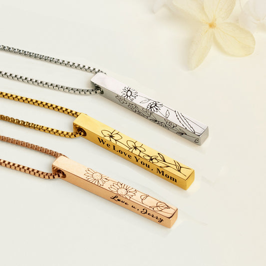 Personalized Birth Flower Engraved Bar Necklace, Customize 4 Sides with Engraving, Family Necklace, Women's Jewelry, Birthday/Anniversary/Mother's Day Gift for Her