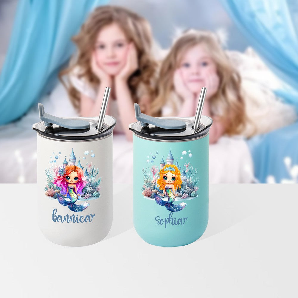 Personalized Name Cartoon Mermaid Castle Travel Mug, 12oz Stainless Steel Tumbler with Straw & Lid, Birthday/Back to School Gift for Girl/Her
