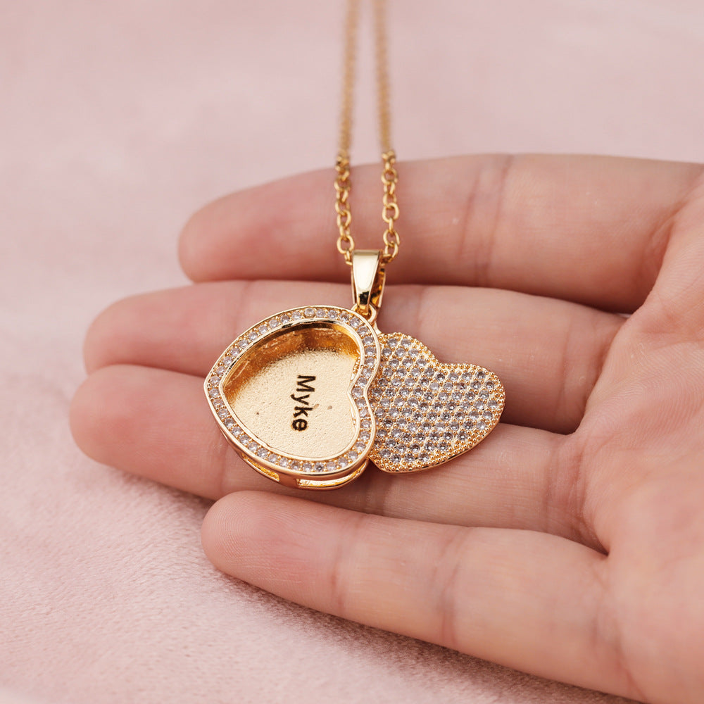 Personalized Heart Pendant Necklace, Custom Engraved Gold Heart Charm with Crystals, Perfect Gift for Valentine's Day