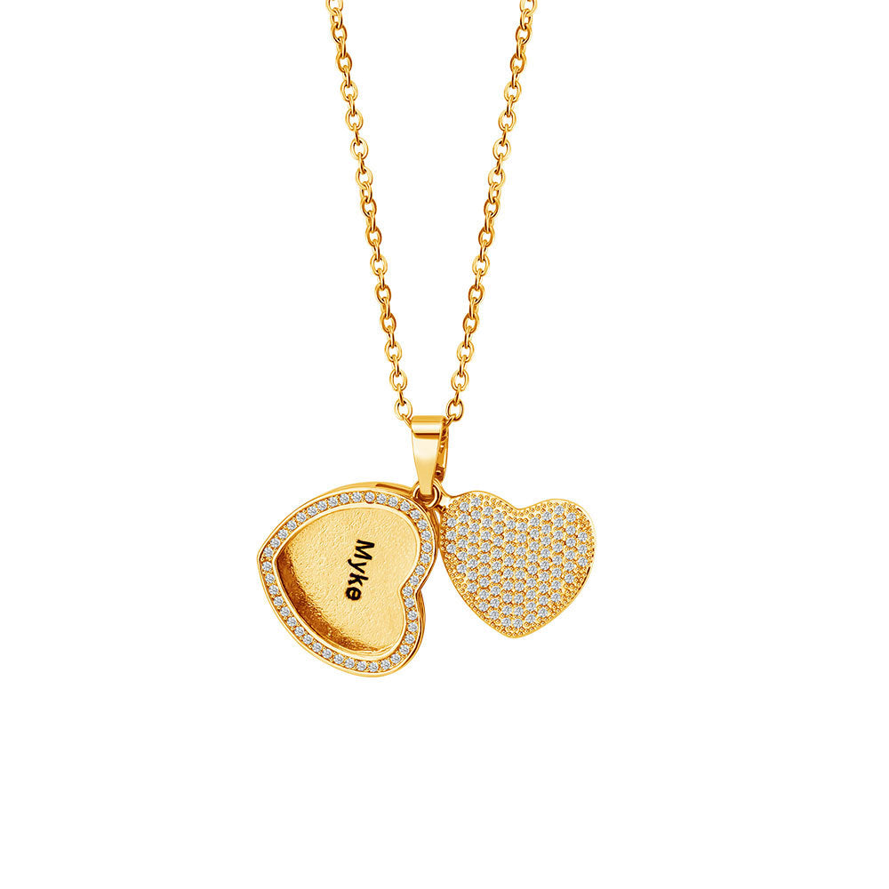 Personalized Heart Pendant Necklace, Custom Engraved Gold Heart Charm with Crystals, Perfect Gift for Valentine's Day