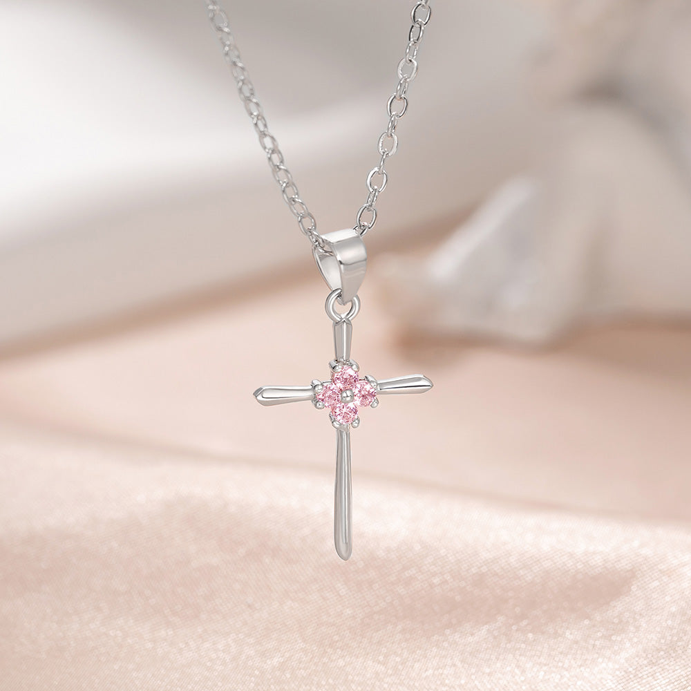 Custom Four-Leaf Clover Birthstone Cross Necklace, Religious Necklace, Sterling Silver 925 Christian Jewelry, Birthday/Christening Gift for Women