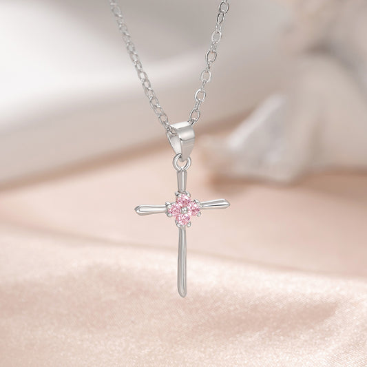 Custom Four-Leaf Clover Birthstone Cross Necklace, Religious Necklace, Sterling Silver 925 Christian Jewelry, Birthday/Christening Gift for Women