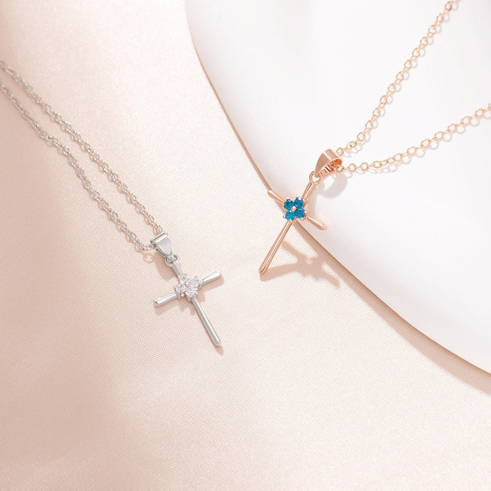 Custom Four-Leaf Clover Birthstone Cross Necklace, Religious Necklace, Sterling Silver 925 Christian Jewelry, Birthday/Christening Gift for Women