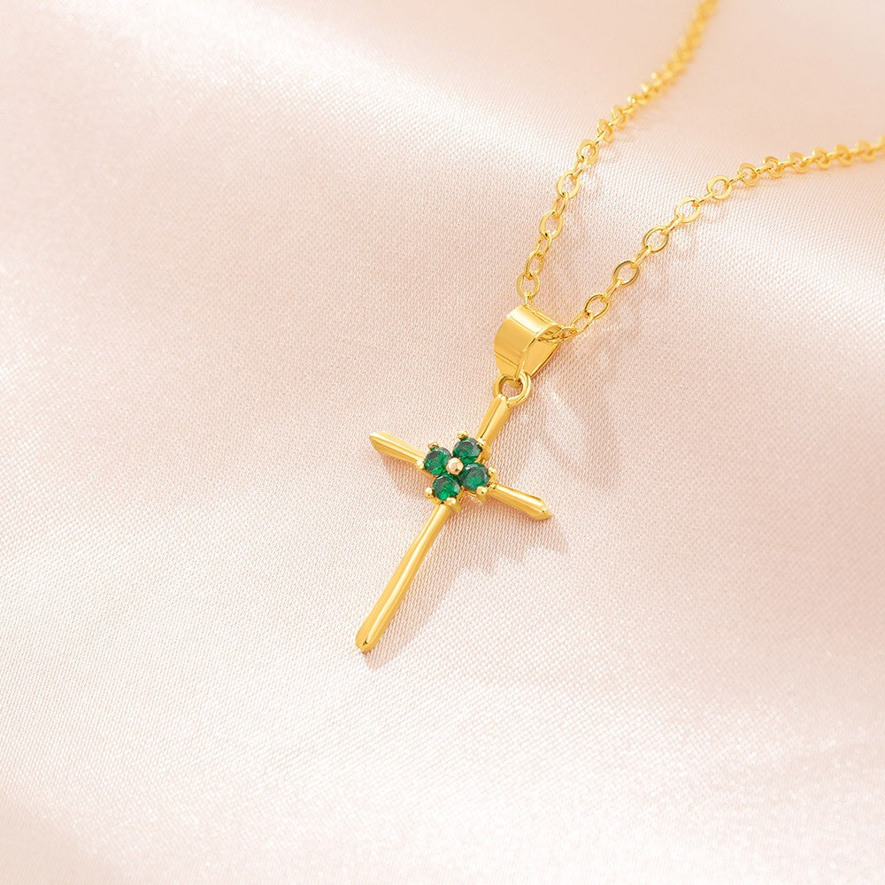 Custom Four-Leaf Clover Birthstone Cross Necklace, Religious Necklace, Sterling Silver 925 Christian Jewelry, Birthday/Christening Gift for Women