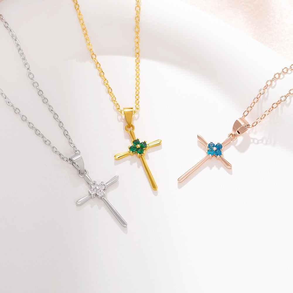 Custom Four-Leaf Clover Birthstone Cross Necklace, Religious Necklace, Sterling Silver 925 Christian Jewelry, Birthday/Christening Gift for Women