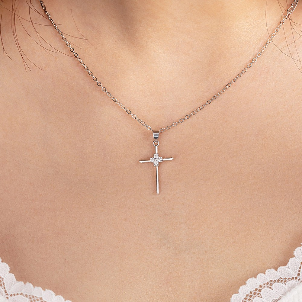 Custom Four-Leaf Clover Birthstone Cross Necklace, Religious Necklace, Sterling Silver 925 Christian Jewelry, Birthday/Christening Gift for Women