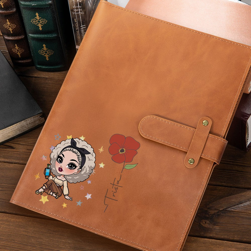 Personalized Fashion Girls Leather Notebook Cover with Birth Flower Design, Office Supplies Storage Organizer, Gift for Student/Officer Worker/Teacher