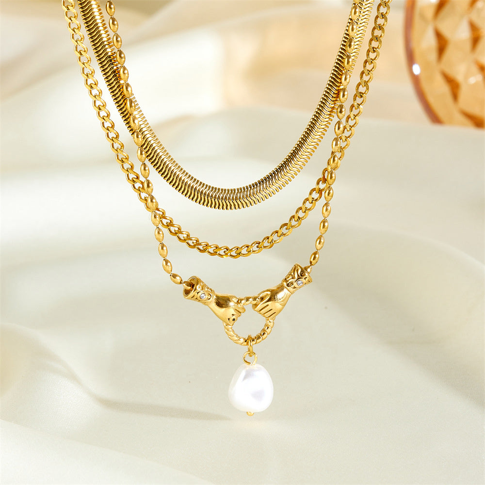 Gold Layered Hand of Protection Necklace with Faux Pearl Pendant , Elegant Women's Jewelry