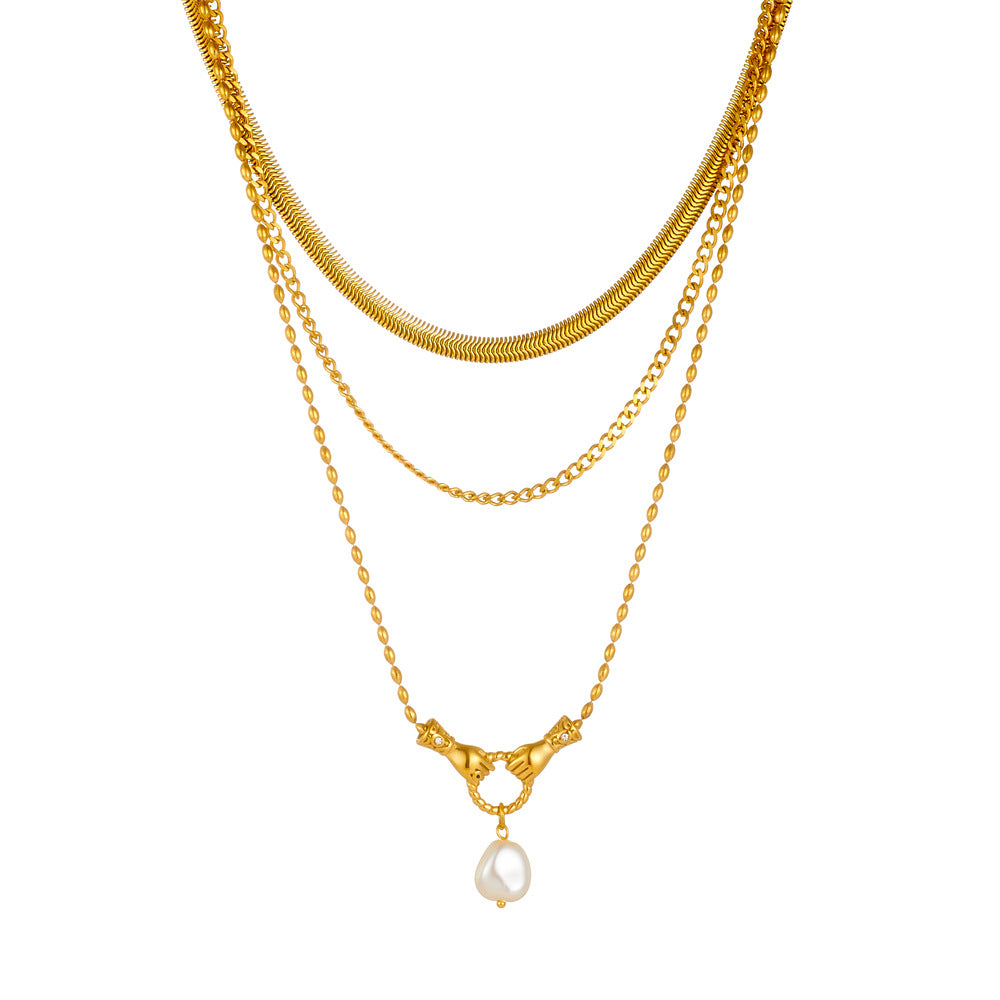 Gold Layered Hand of Protection Necklace with Faux Pearl Pendant , Elegant Women's Jewelry