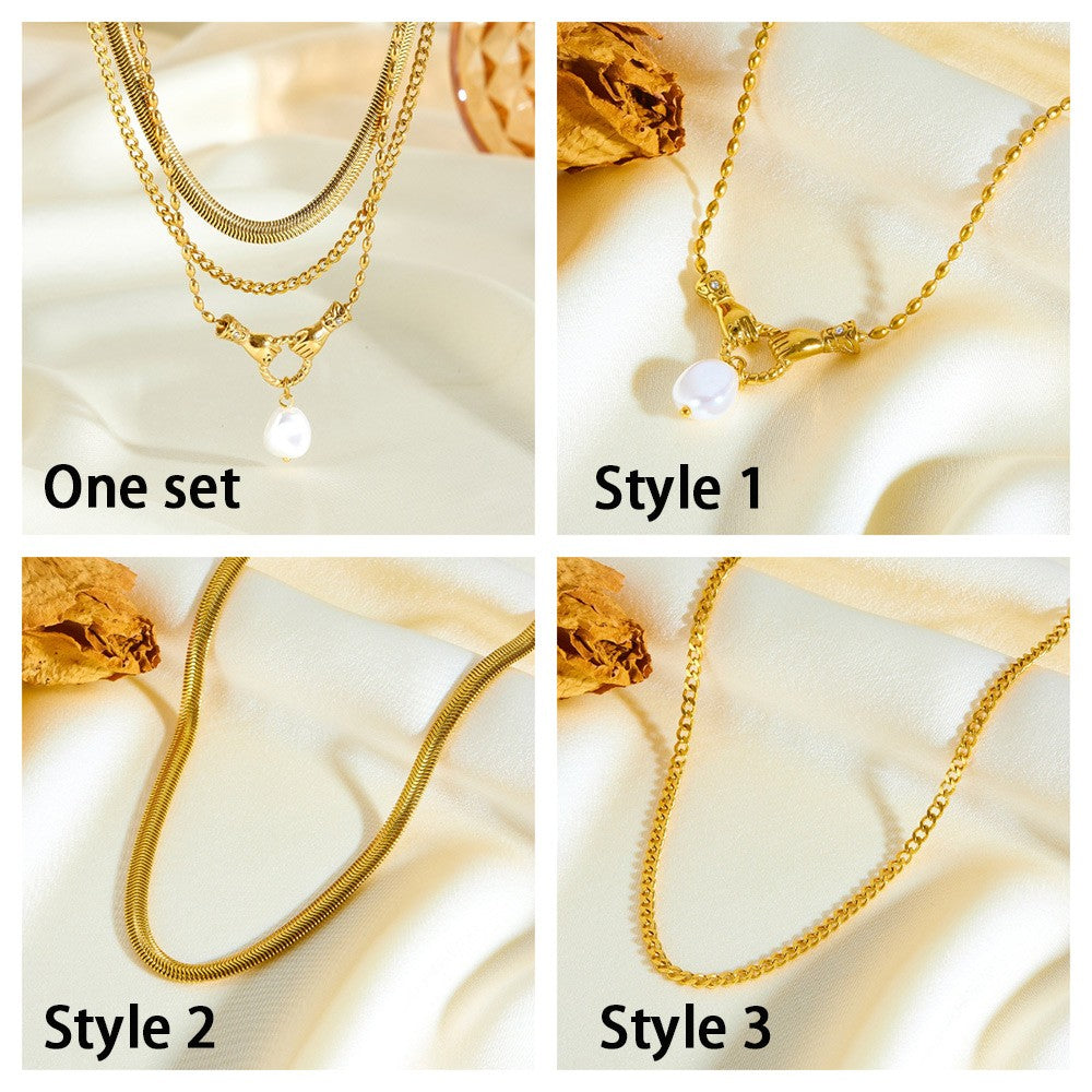 Gold Layered Hand of Protection Necklace with Faux Pearl Pendant , Elegant Women's Jewelry