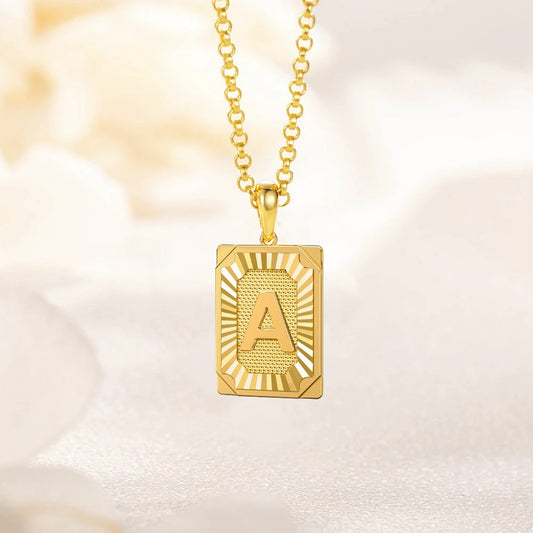 Engravable 18K Gold Plated Initial Tag Pendant Necklace, Free Chain Free Gift Box