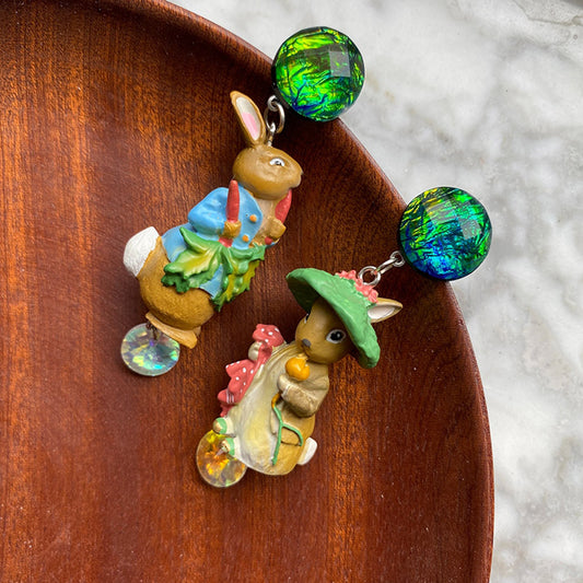 Peter Rabbit Asymmetric Earrings, Cute and Sweet Forest Green Cartoons, Exquisite Fairy Tale Garden Style