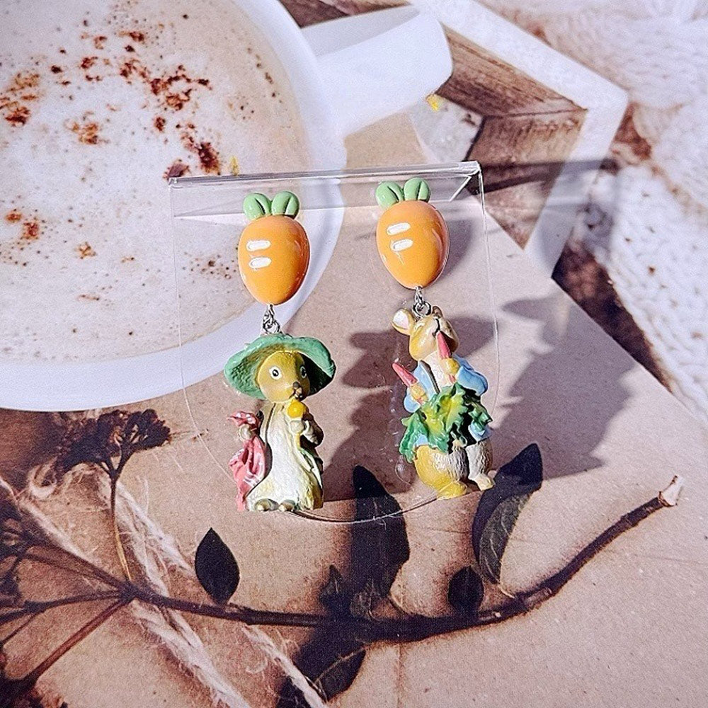 Peter Rabbit Asymmetric Earrings, Cute and Sweet Forest Green Cartoons, Exquisite Fairy Tale Garden Style