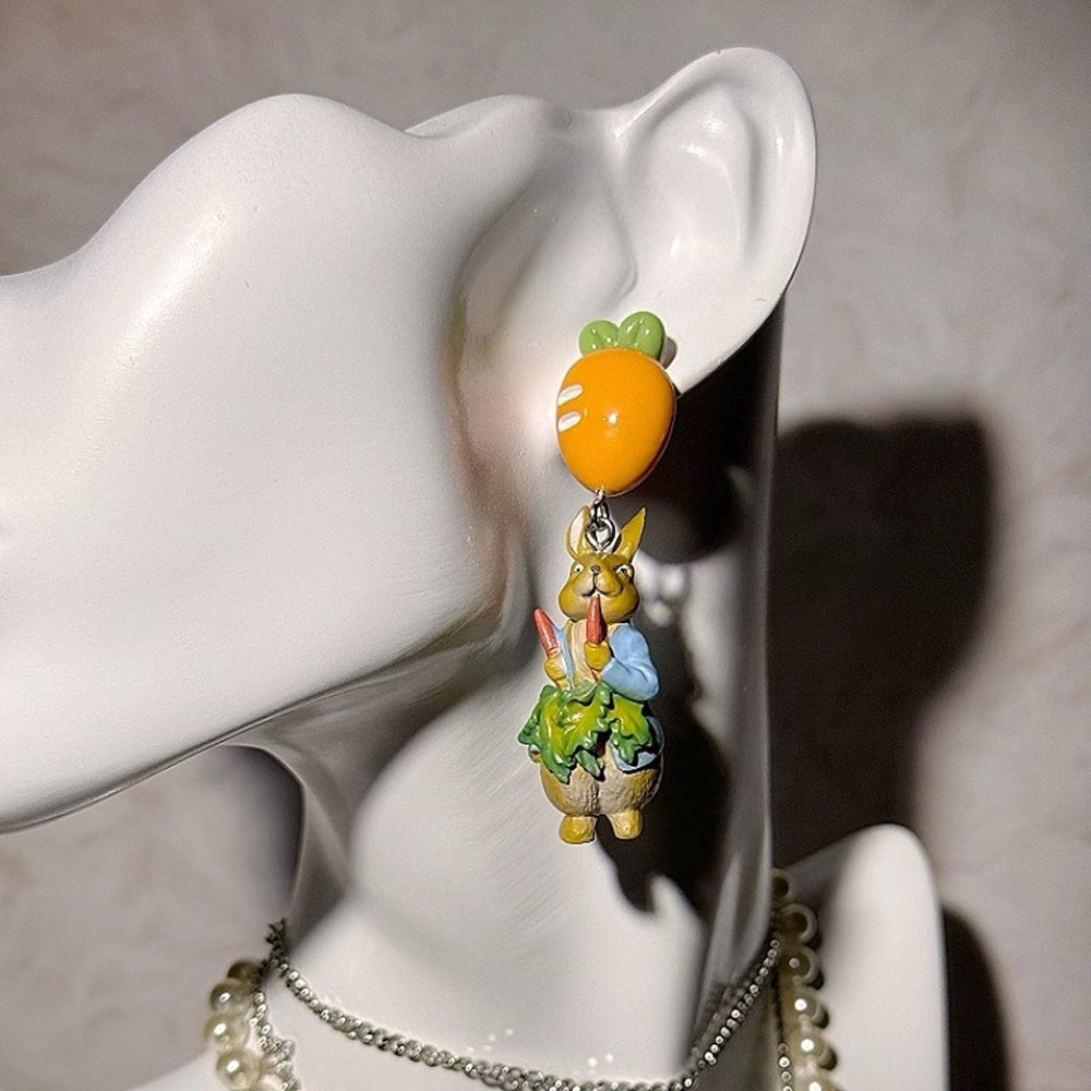 Peter Rabbit Asymmetric Earrings, Cute and Sweet Forest Green Cartoons, Exquisite Fairy Tale Garden Style