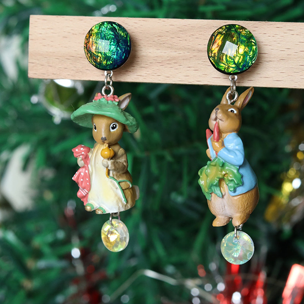 Peter Rabbit Asymmetric Earrings, Cute and Sweet Forest Green Cartoons, Exquisite Fairy Tale Garden Style