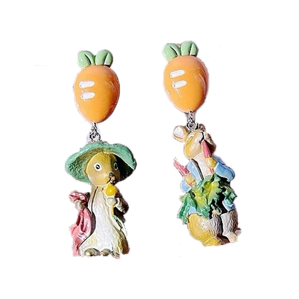 Peter Rabbit Asymmetric Earrings, Cute and Sweet Forest Green Cartoons, Exquisite Fairy Tale Garden Style